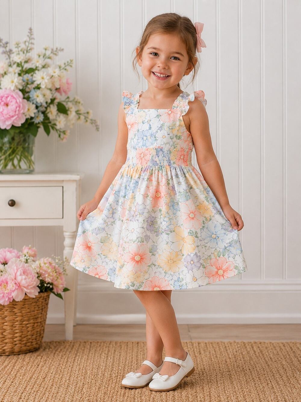 Janie and Jack Girls Floral Ruffle Dress Pastel Spring Garden Party Size 4
